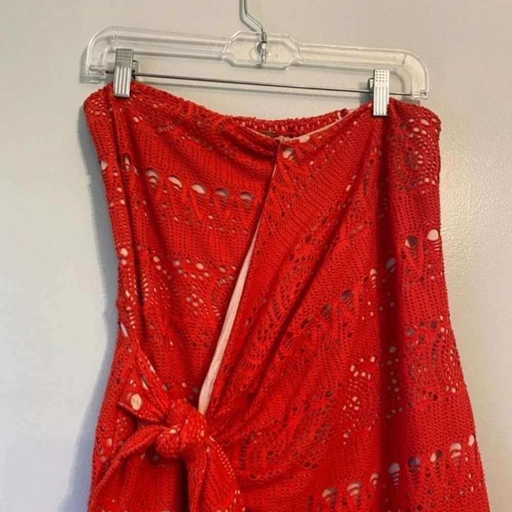 Free People, Oceanside orangy red Crochet Strapless Minidress size‎ large new!!!